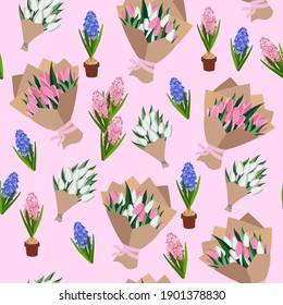 Spring flowers. Seamless background. Bouquets of tulips and hyacinth in a pot. Vector illustration. Texture.