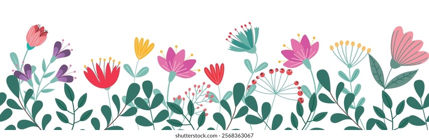 Spring flowers seamless clipart banner. Flower pattern colorful drawing clip art for wallpaper, greetings, invitation and scrapbook background. Vector illustration spring endless design. 
