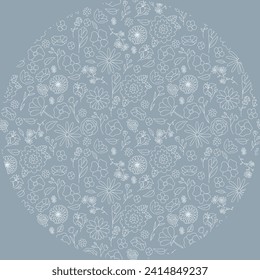 spring flowers seamless cute small floral pattern on blue background in circle