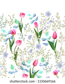 Spring flowers. Seamless floral border. Vintage vector illustration.
