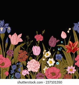Spring flowers. Seamless floral border. Colorful poppies, iris, tulips, carnations, primroses, daffodils on a black background. Night in the garden. Vintage vector illustration.