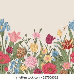 Spring flowers. Seamless floral border. Colorful poppies, iris, tulips, carnations, primroses, daffodils on a beige background. Garden bed. Vintage vector illustration.