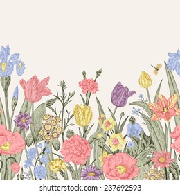 Spring flowers. Seamless floral border. Pastel poppies, iris, tulips, carnations, primroses, daffodils on a beige background. Garden bed. Vintage vector illustration.
