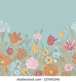 Spring flowers. Seamless floral border. Colorful poppies, iris, tulips, carnations, primroses, daffodils on a mint background. Garden bed. Vintage vector illustration.