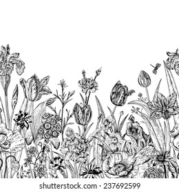 Spring flowers. Seamless floral border. Poppies, iris, tulips, carnations, primroses, daffodils on a white background. Monochrome. Vintage vector illustration.