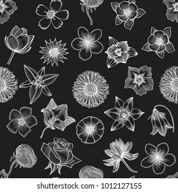 Spring flowers seamless floral pattern Background. Hand drawing garden plants buttercup, lilac, freesia, anemone. Black and white. Vector vintage illustration.