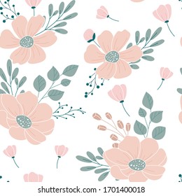 Spring flowers, seamless floral pattern, floral background in pastel colors, design for textile, wrapping paper and wallpaper