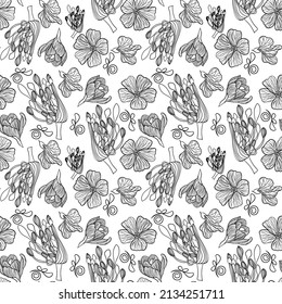 Spring flowers seamless floral pattern in doodle style vector illustration isolated on white background 