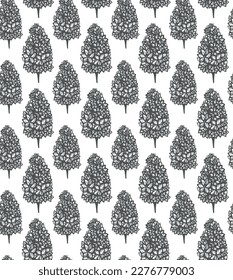 Spring flowers seamless floral pattern. Hand drawing garden plants lilac, butterfly black on white background. Vector vintage illustration. For wrapping, fabric, fashion, paper, packaging, textile.