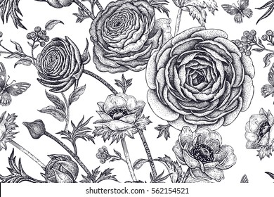 Spring flowers seamless floral pattern. Hand drawing garden plants buttercup, anemones, butterfly black on white background. Vector vintage illustration. For wrapping, fabric, fashion, paper, textile.