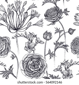 Spring flowers seamless floral pattern. Hand drawing garden plants buttercup, African lily, freesia. Black and white. Vector vintage illustration. For wrapping, fabric, fashion, paper