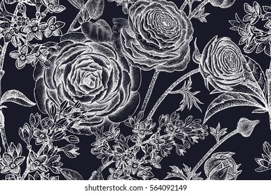 Spring flowers seamless floral pattern. Hand drawing garden plants buttercup, lilac, white chalk on blackboard. Vector vintage illustration. For wrapping, fabric, fashion, paper, packaging, textile