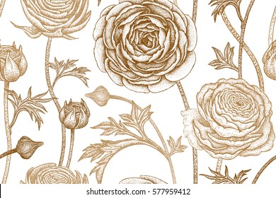 Spring flowers seamless floral pattern. Hand drawing garden plants buttercup print gold foil on white background. Vector vintage illustration. For wrapping, fabric, fashion, paper, packaging, clothes.