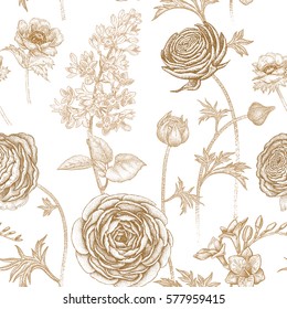Spring flowers seamless floral pattern. Hand drawing garden plants buttercup, lilac, freesia, anemone. Print gold foil on white background. Vector vintage illustration. For wrapping, fabric, paper.