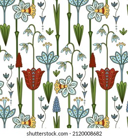 spring flowers seamless ornament of decorative elements in boho style