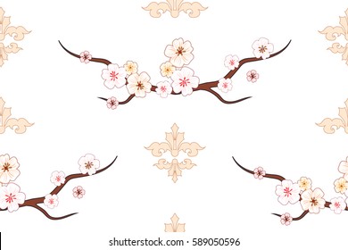 Spring flowers seamless pattern. Apple or cherry tree blossom. Floral background.