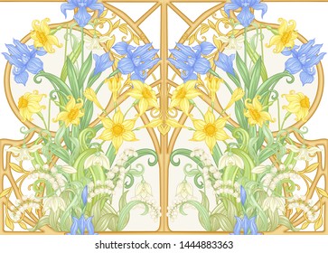Spring flowers seamless pattern, background. Colored vector illustration. In art nouveau style, vintage, old, retro style. Isolated on white background.	