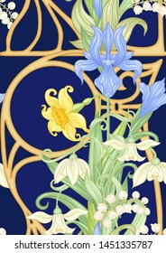 Spring flowers seamless pattern, background. Colored vector illustration. In art nouveau style, vintage, old, retro style. Isolated on white background.	