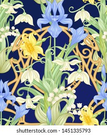 Spring flowers seamless pattern, background. Colored vector illustration. In art nouveau style, vintage, old, retro style. Isolated on white background.	