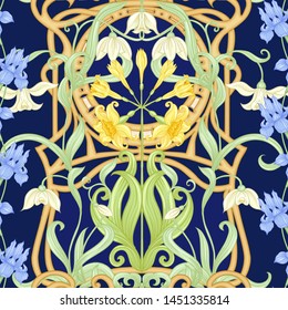 Spring flowers seamless pattern, background. Colored vector illustration. In art nouveau style, vintage, old, retro style. Isolated on white background.	