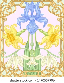 Spring flowers seamless pattern, background. Colored vector illustration. In art nouveau style, vintage, old, retro style. On tea green and  pink background	
