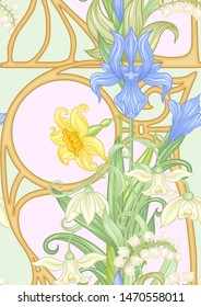 Spring flowers seamless pattern, background. Colored vector illustration. In art nouveau style, vintage, old, retro style. On tea green and  pink background	