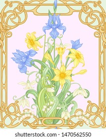 Spring flowers seamless pattern, background. Colored vector illustration. In art nouveau style, vintage, old, retro style. On tea green and  pink background	