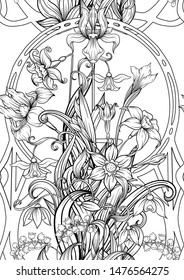 Spring flowers seamless pattern, background. Outline hand drawing vector illustration. In art nouveau style, vintage, old, retro style.	
