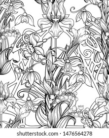 Spring flowers seamless pattern, background. Outline hand drawing vector illustration. In art nouveau style, vintage, old, retro style.	