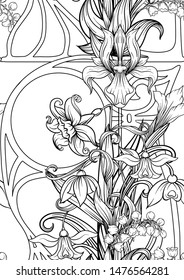 Spring flowers seamless pattern, background. Outline hand drawing vector illustration. In art nouveau style, vintage, old, retro style.	