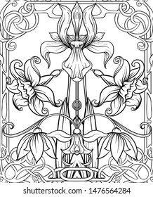 Spring flowers seamless pattern, background. Outline hand drawing vector illustration. In art nouveau style, vintage, old, retro style.	