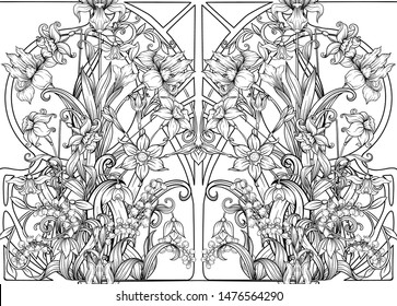 Spring flowers seamless pattern, background. Outline hand drawing vector illustration. In art nouveau style, vintage, old, retro style.	