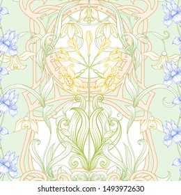 Spring flowers seamless pattern, background. Colored vector illustration. In art nouveau style, vintage, old, retro style. On tea green background.