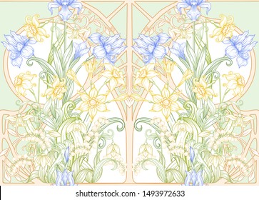 Spring flowers seamless pattern, background. Colored vector illustration. In art nouveau style, vintage, old, retro style. On tea green background.