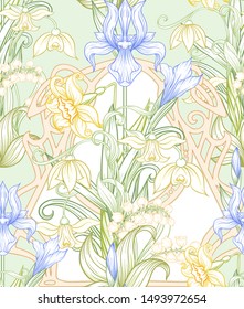Spring flowers seamless pattern, background. Colored vector illustration. In art nouveau style, vintage, old, retro style. On tea green background.