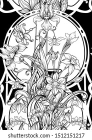 Spring flowers seamless pattern, background. Colored vector illustration. In art nouveau style, vintage, old, retro style. On tea green and  pink background	