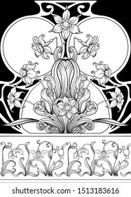 Spring flowers seamless pattern, background. Colored vector illustration. In art nouveau style, vintage, old, retro style. On tea green and  pink background	