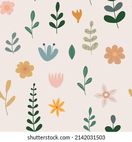 Spring flowers seamless pattern. Bohemian style with grass and blossom. Minimal hand drawn elements. Vector stock illustration