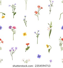 Spring flowers, seamless pattern. Botanical floral background. Summer blooms, meadow plants, wildflowers, repeating print. Colored flat graphic vector illustration for wallpaper, fabric, textile