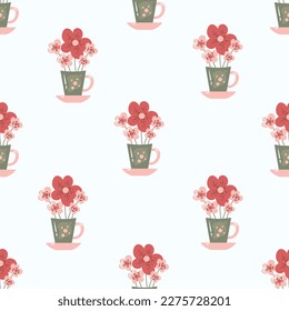 Spring Flowers seamless pattern. Cute floral seamless background with little bouquet and coffee mug or tea cup. Food and drink vector illustration