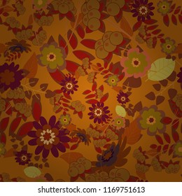 Spring flowers seamless pattern. Flower pattern for printing or fabric. Small floral pattern in red, magenta and brown colors. Vector floral illustration and floral seamless texture.