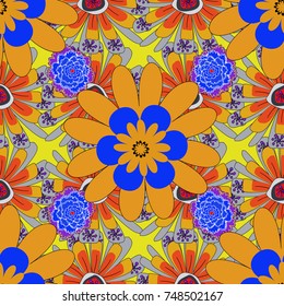 Spring flowers seamless pattern. Flower pattern for printing or fabric. Small floral pattern in yellow, gray and orange colors. Vector floral illustration and floral seamless texture.