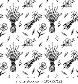 Spring flowers seamless pattern with hand drawn design elements. Vector illustration in sketch stile.