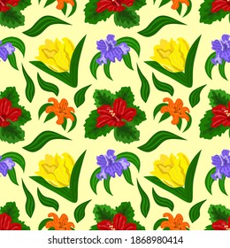 Spring flowers seamless pattern (hibiscus, tulip, lily, iris). Vector illustration.