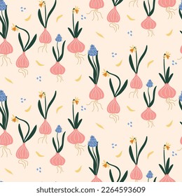 Spring flowers seamless pattern illustration. Children style floral doodle background, funny basic nature shapes wallpaper.