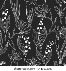 Spring flowers. Seamless pattern with magnolia, lily of the valley and narcissus on a black background. Vector. Line art.