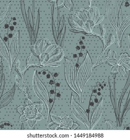 Spring flowers. Seamless pattern with magnolia, lily of the valley and narcissus on polka dot background. Vector. Line art.