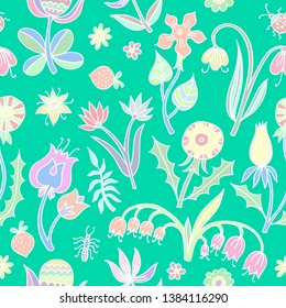 Spring flowers seamless pattern on green background.
