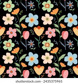 Spring flowers seamless pattern on black 
