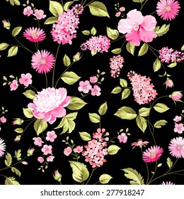 Spring flowers seamless pattern on the black background. Vector illustration.